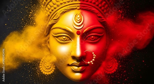 A stunning splitcolor face of a woman with yellow and red powder exploding around her