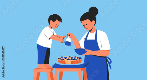 Mother and son sprinkling powdered sugar on a blueberry pie