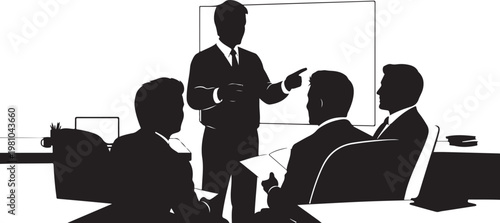 Businessmen in suits sitting and standing in a meeting room