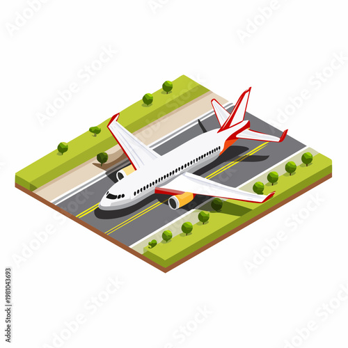 Airplane on tarmac with grassy areas and trees, ready for takeoff or landing