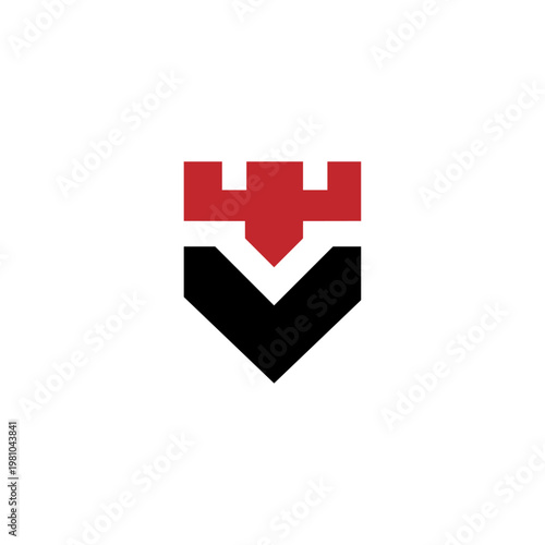 Modern Geometric Shield Logo with Castle Battlement and Letter V Monogram. Viking Letter V Logo. 