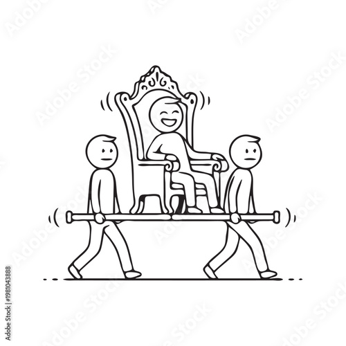 Stick figure drawing of two workers carrying a happy boss sitting on a throne, business concept of corporate hierarchy, inequality, and bad leadership
