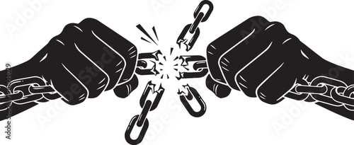 Hands breaking metal chain links, symbol of freedom, strength, and overcoming obstacles