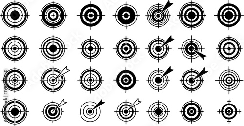 Target and aim icon set, crosshair, bullseye vector, precision, accuracy, and focus icon for aiming, archery, shooting, or navigation
