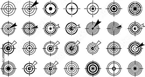Target and aim icon set, crosshair, bullseye vector, precision, accuracy, and focus icon for aiming, archery, shooting, or navigation
