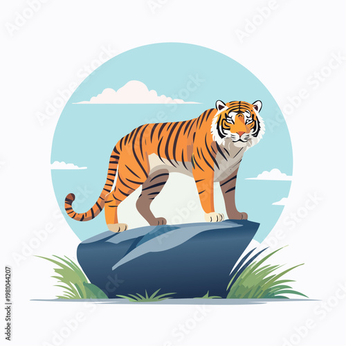 Majestic striped tiger illustration standing proudly on a weathered rock in a serene natural habitat