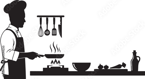 Chef cooking with frying pan on stove kitchen