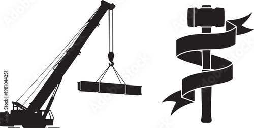 Crane lifting steel beam, construction site equipment, and hammer with ribbon logo