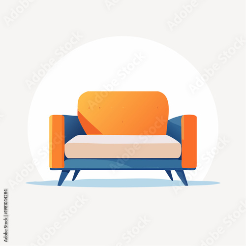 Modern Orange Armchair with Blue Legs and White Cushion
