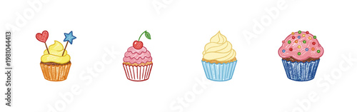Sweet Cupcakes and Dessert Pastry Treats with Colorful Crayony Pencil Texture and Fluid Calligraphic Outlines