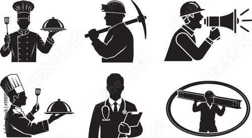 Collection of professional icons chef miner construction worker doctor and more symbols