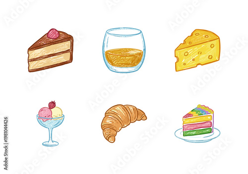 Wine and Gourmet Dessert Food Elements in Colorful Crayony Pencil Texture Style with Fluid Organic Lines