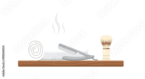 A traditional straight razor and a soft shaving brush rest on a polished wooden shelf next to a warm rolled white towel emitting gentle wisps of steam.