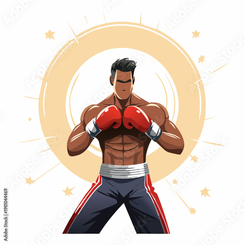 Professional boxer with red gloves in a fighting stance, radiating energy and determination