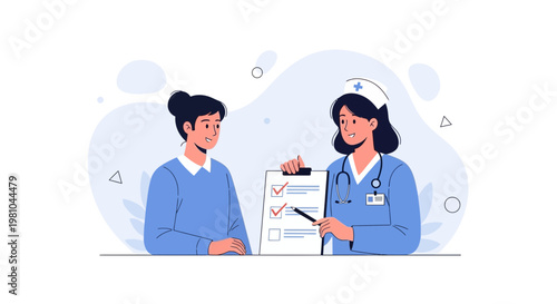 Nurse explaining medical checklist to patient, healthcare consultation, medical examination