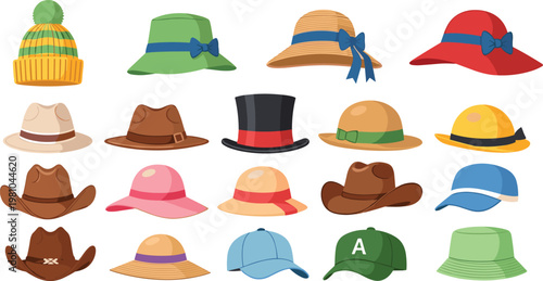 Comprehensive Vector Hat Collection Featuring Diverse Styles Including Top Hat Cowboy Hats Winter Beanie Baseball Caps and Elegant Summer Sun Hats for Fashion and Apparel Design Projects