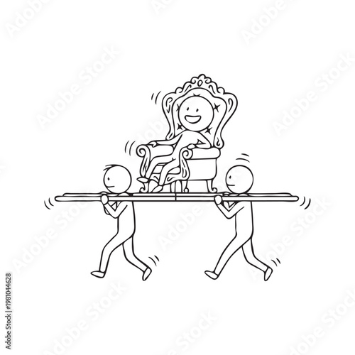 Stick figure drawing of two workers carrying a happy boss sitting on a throne, business concept of corporate hierarchy, inequality, and bad leadership
