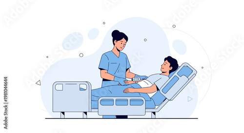 Nurse caring for patient in hospital bed, medical illustration, healthcare concept