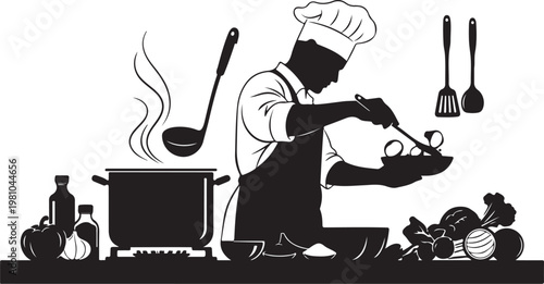 Chef preparing food in kitchen with utensils and ingredients