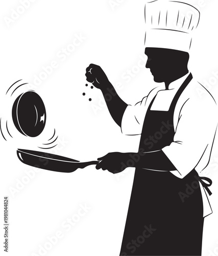 Chef tossing pan with seasonings cooking kitchen frying pan