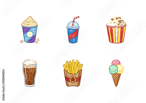 Cinema Snacks and Fast Food Refreshments with Chalkboard Style White Crayon Pencil Texture and Crayon Textured Outlines