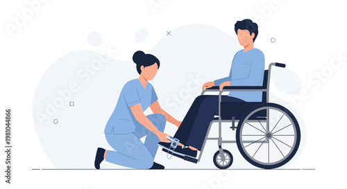 Nurse helping patient in wheelchair, medical care, rehabilitation, assistance, healthcare concept