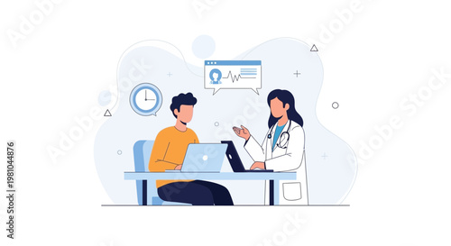 Doctor consulting patient online with medical data on screen, telemedicine concept