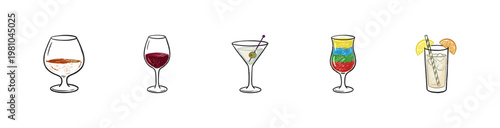 Alcoholic Beverages and Glassware Design Elements with Inky Brush Strokes and Crayon Colorful Aesthetic