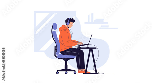 Young man with headphones working on laptop at desk in modern office, flat design