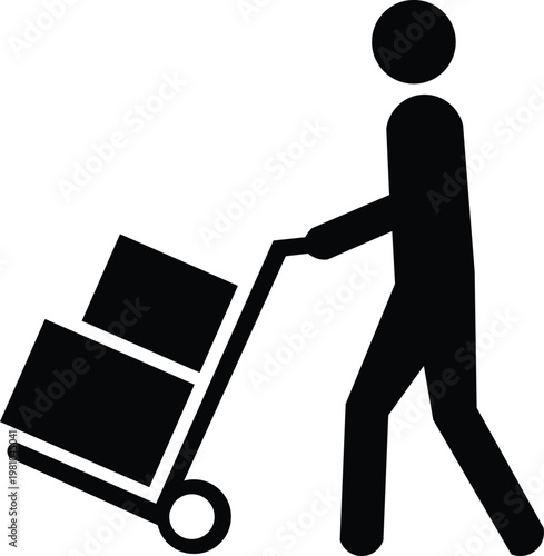 Worker pushing hand truck with boxes, logistics and delivery concept, warehouse transportation and cargo handling illustration