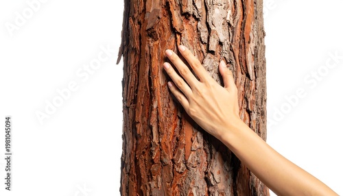 A person's hand touches the textured bark of a tree trunk. The image is on a white background, highlighting the connection with nature