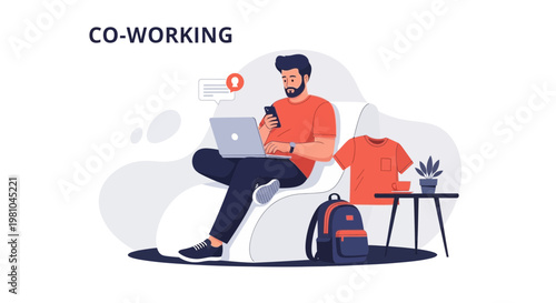 Man working on laptop and phone in co-working space, casual attire, backpack, plant