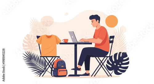 Man working on laptop at cafe table with t-shirt and backpack, tropical plants