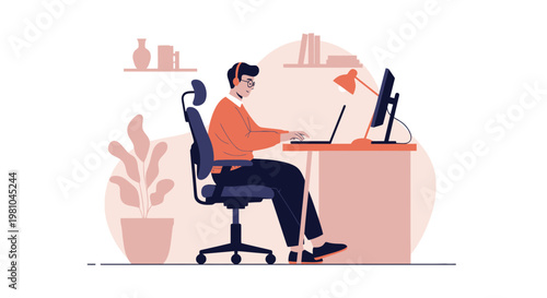 Man working on laptop at desk with computer and lamp, modern office illustration