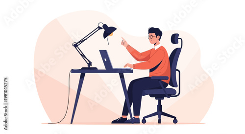 Man working on laptop at desk with desk lamp, pointing finger, modern office illustration