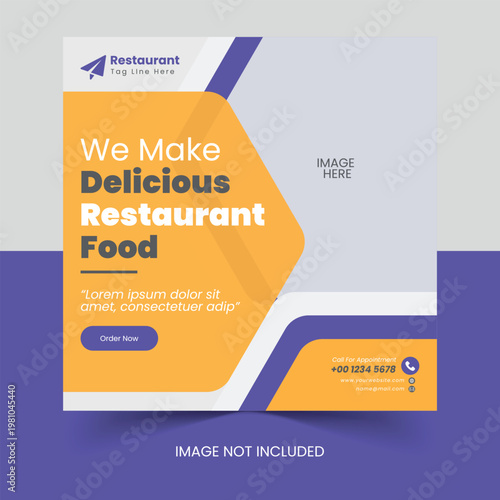 Social media post A restaurant advertisement template featuring a chef and a waitress preparing food in a kitchen with a purple and yellow color scheme template