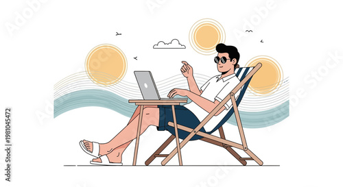 Man working on laptop on beach chair, remote work, vacation, summer freelance