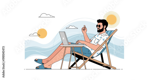Man working on laptop on beach chair, remote work, freelance, vacation concept