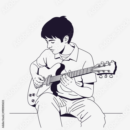 A young boy playing an electric guitar.