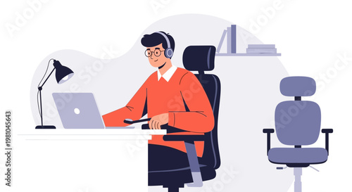 Man working on laptop with headphones in office, modern flat illustration
