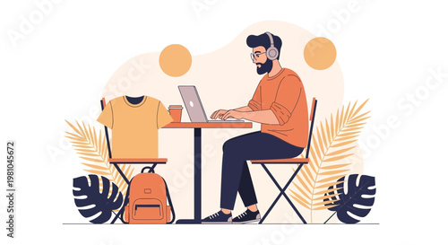 Man working on laptop with headphones, t-shirt, backpack, coffee, plants, outdoor cafe