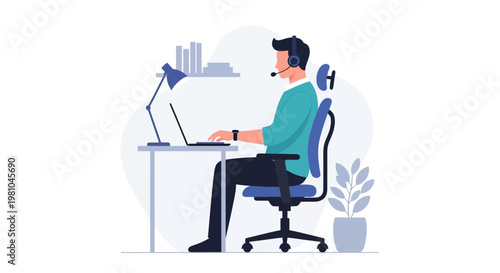Man working on laptop with headset at desk, remote work, customer support, home office