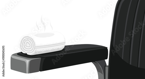 A meticulously rolled white cotton towel releases gentle wisps of hot steam while resting on the polished black leather armrest of a professional barber chair.