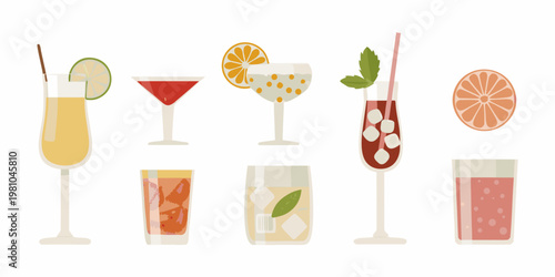 Variety of colorful summer cocktails and refreshing drinks are displayed
