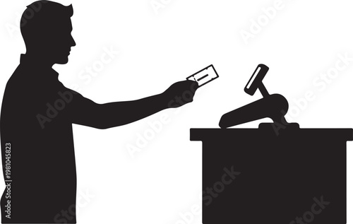 Man in silhouette holding card at counter with stamp