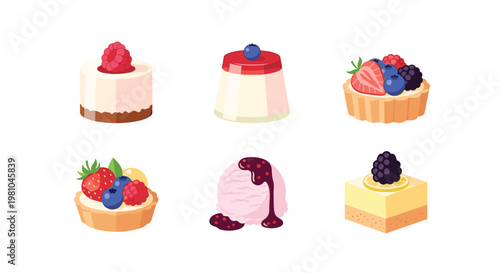 A delightful assortment of six gourmet berry desserts including creamy panna cotta and fruit tarts is presented neatly against a minimalist white backdrop.