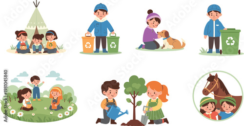 Cute Child Character Vector Set Featuring Kids Recycling Planting Trees Camping and Interacting with Animals for Environmental Education and Sustainability Projects