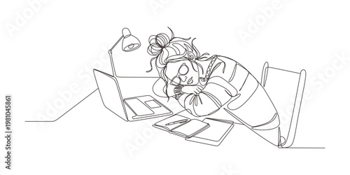 Girl sleeping on desk continuous one line drawing . Tired woman  freelancer leaning on table cartoon character.