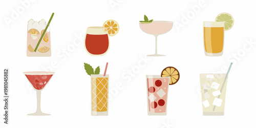 Collection of colorful summer cocktails and refreshing beverages in glasses