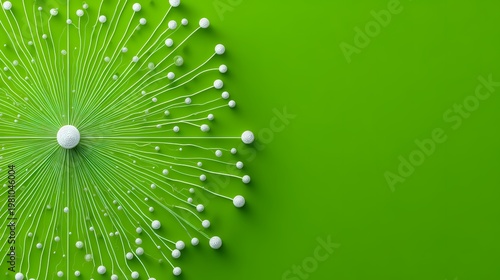 Abstract White Spherical Network with Radiating Connection Lines on Vibrant Green Background for Global Data and Core Energy Tech